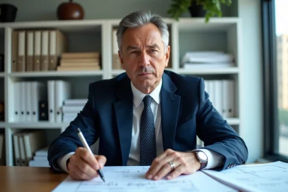 Notaire d'âge moyen en costume bleu examine des plans