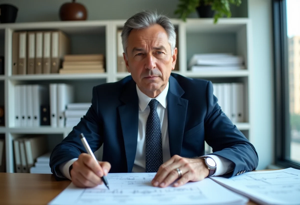 Notaire d'âge moyen en costume bleu examine des plans