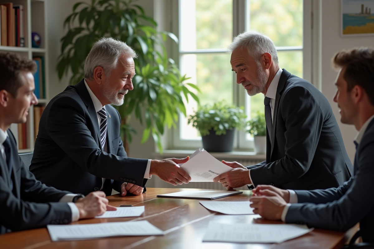 Notaire remettant un dossier à un jeune couple
