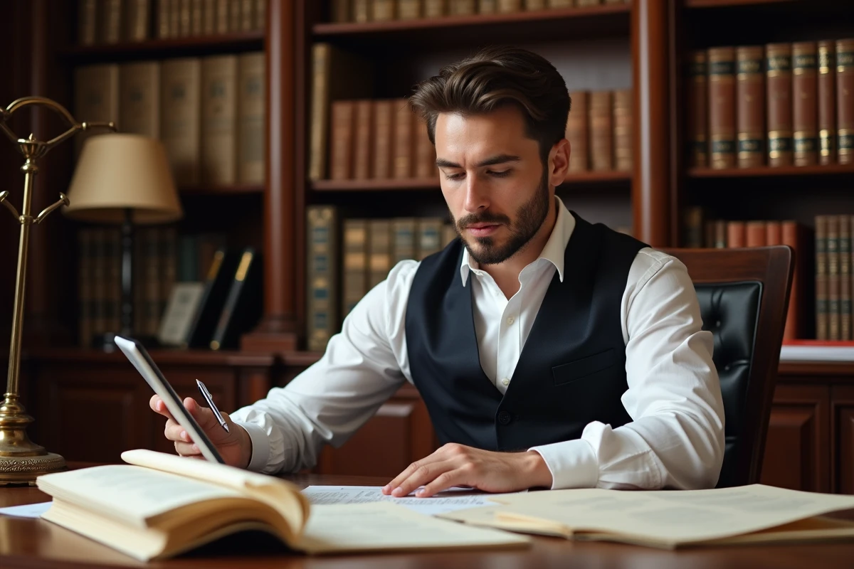 Jeune notaire étudiant une revue juridique foncière sur tablette dans un bureau notarial classique