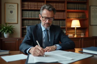 Notaire examinant les documents de frais d'achat d'un parking dans son bureau professionnel
