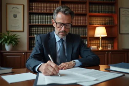 Notaire examinant les documents de frais d'achat d'un parking dans son bureau professionnel