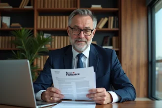 Notaire en bureau moderne lisant un document important