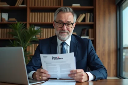 Notaire en bureau moderne lisant un document important