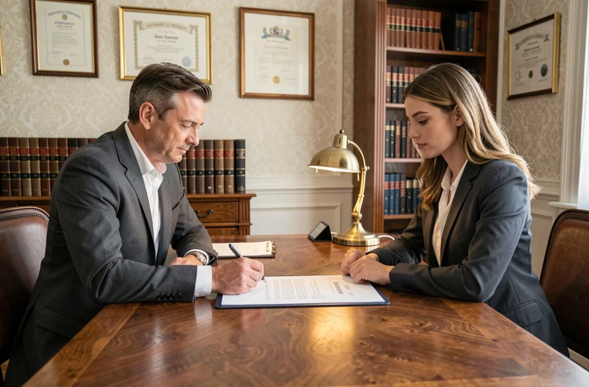 Notaire conseillant une cliente pour la succession d'un appartement Scellier intermédiaire dans une étude notariale