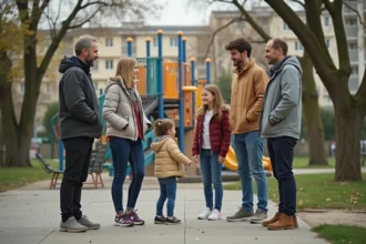 Parents et enfants réunis dans un parc de Créteil près d'une aire de jeux moderne, ambiance de quartier familial animé