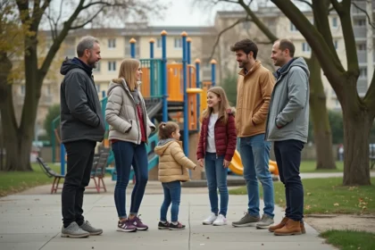 Parents et enfants réunis dans un parc de Créteil près d'une aire de jeux moderne, ambiance de quartier familial animé