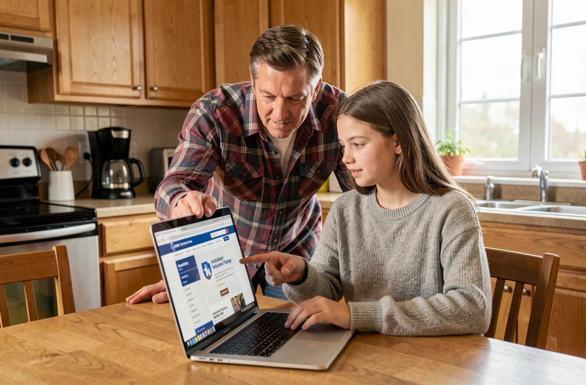 Père et fille adolescente souscrivant ensemble une assurance logement étudiant en ligne