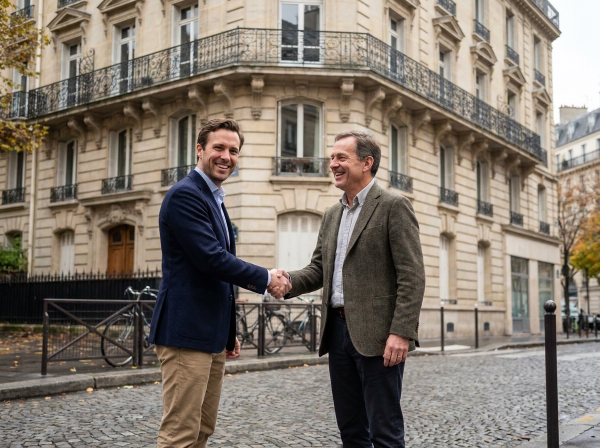 Deux professionnels de l'immobilier se serrant la main devant un immeuble haussmannien symbolisant un partenariat européen de confiance