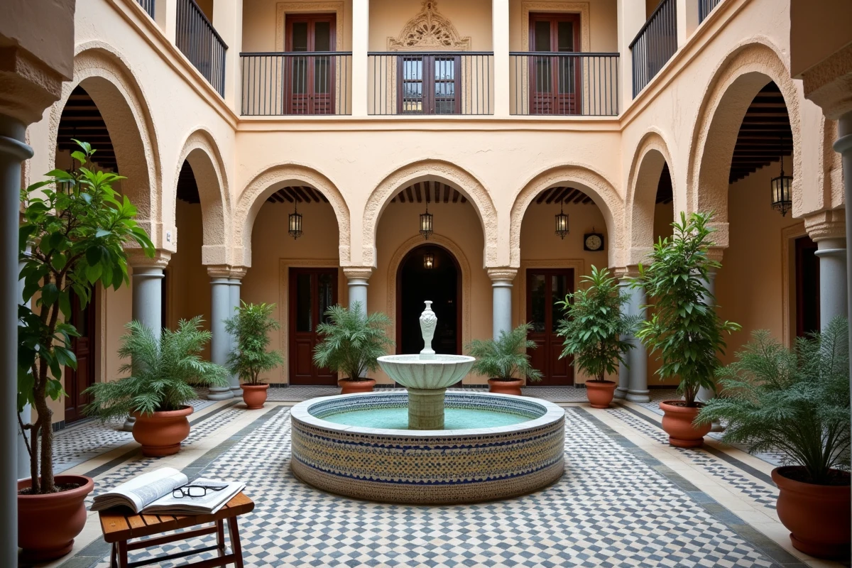 Patio intérieur d'un riad à Marrakech avec fontaine en zellige, idéal pour une retraite au soleil