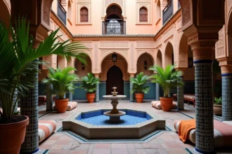 Patio intérieur d'un riad traditionnel à Marrakech avec fontaine en mosaïque zellige et balcon en bois sculpté, idéal pour illustrer l'achat d'un riad à vendre en 2026