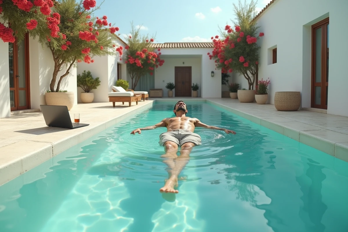 Homme se relaxant dans la piscine longue d'une villa de location à Essaouira entre deux sessions de télétravail