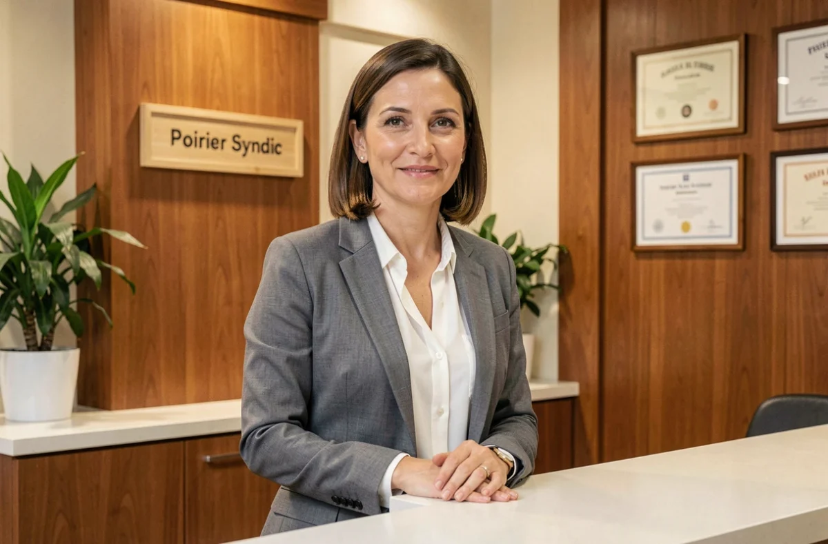 Une conseillère de Poirier Syndic accueillant des clients dans les bureaux de l'agence