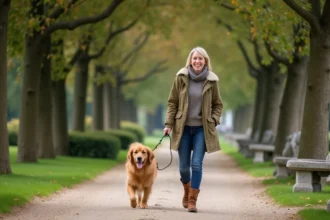 Femme avec chien dans un parc verdoyant de Versailles