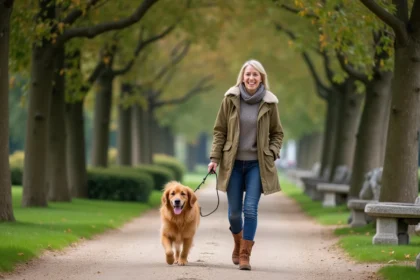 Femme avec chien dans un parc verdoyant de Versailles