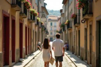 Couple se promenant dans les rues pavées du quartier Petit-Bayonne, découvrant l'architecture basque typique avec ses colombages rouges et verts