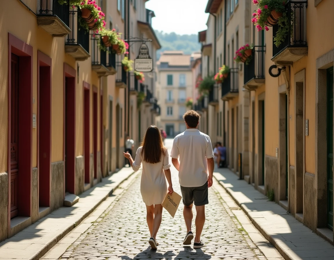 Couple se promenant dans les rues pavées du quartier Petit-Bayonne, découvrant l'architecture basque typique avec ses colombages rouges et verts