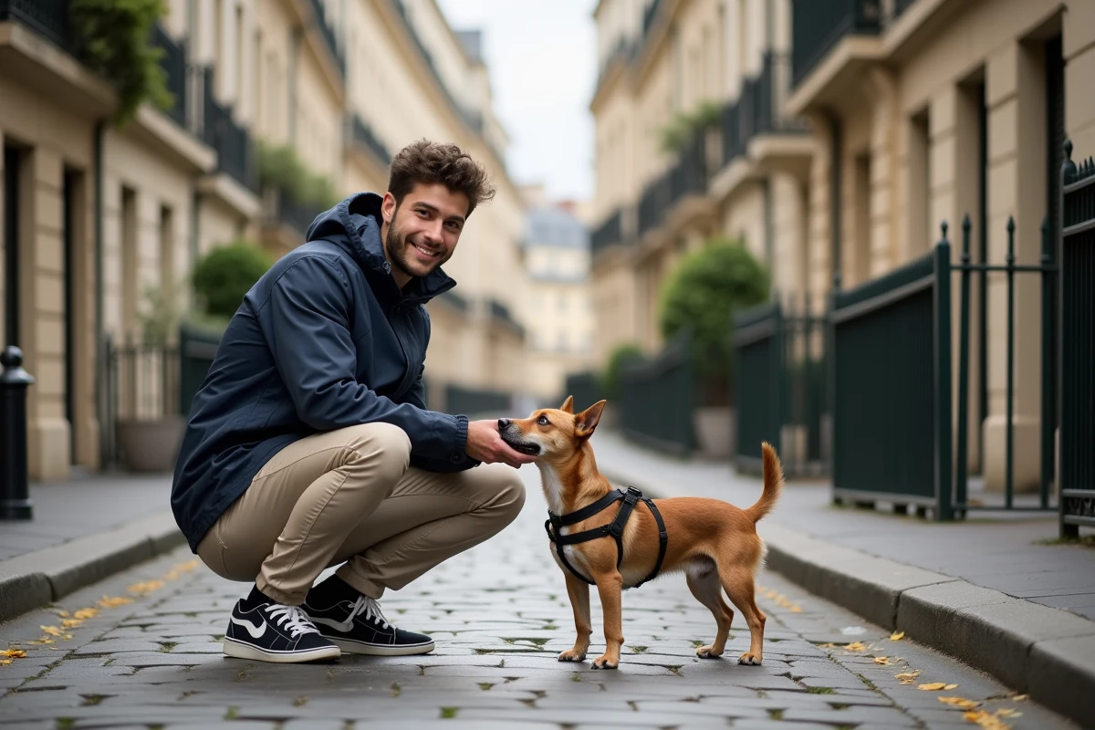 Jeune homme avec chien dans une rue résidentielle de Versailles