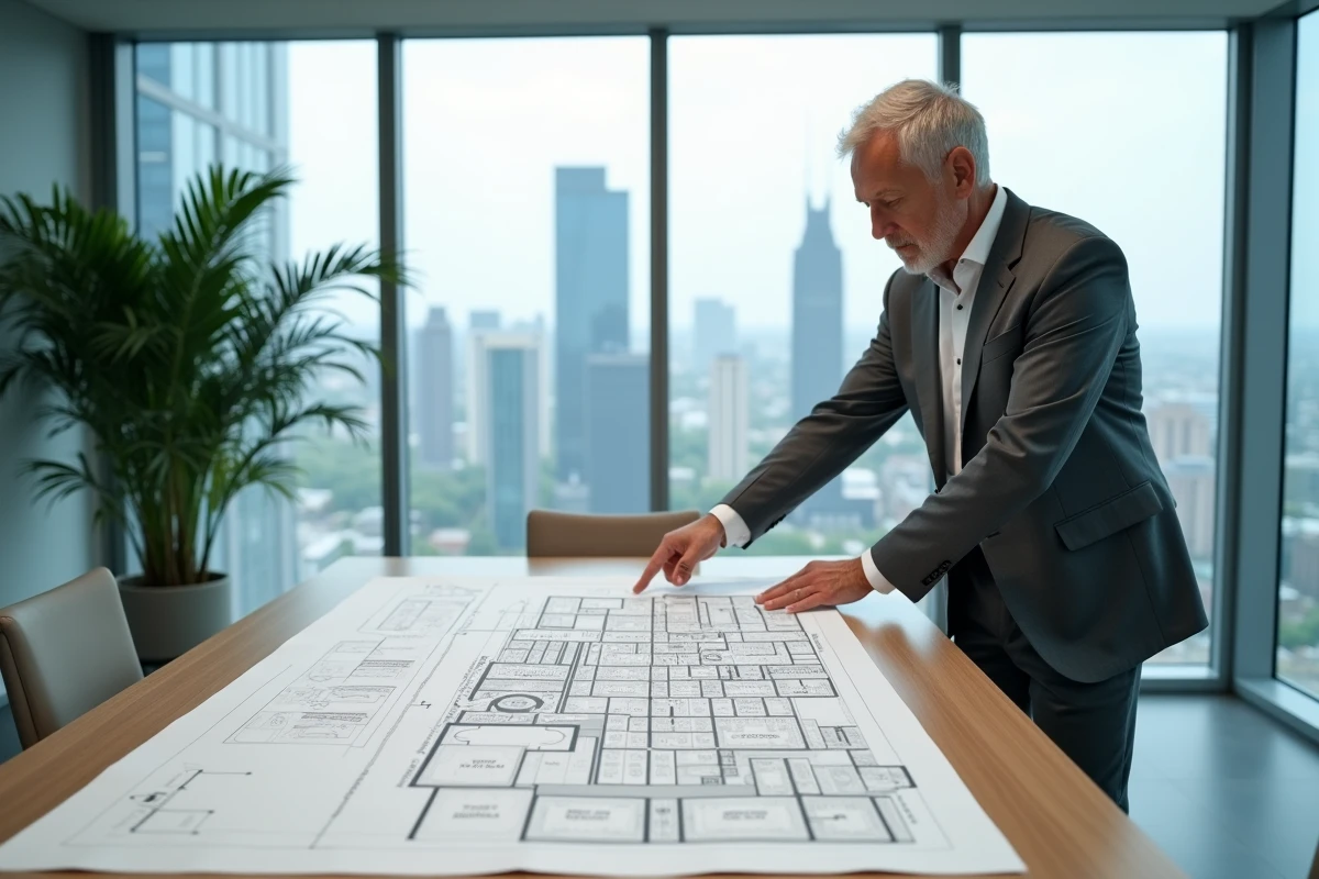 Promoteur immobilier analysant des plans fonciers et des cartes cadastrales dans une salle de réunion professionnelle