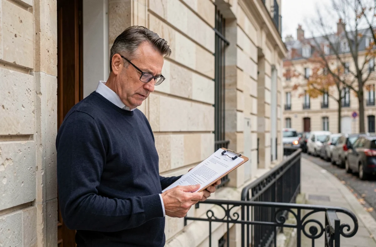 Propriétaire bailleur debout devant son immeuble résidentiel en pierre, consultant des documents d'assurance PNO