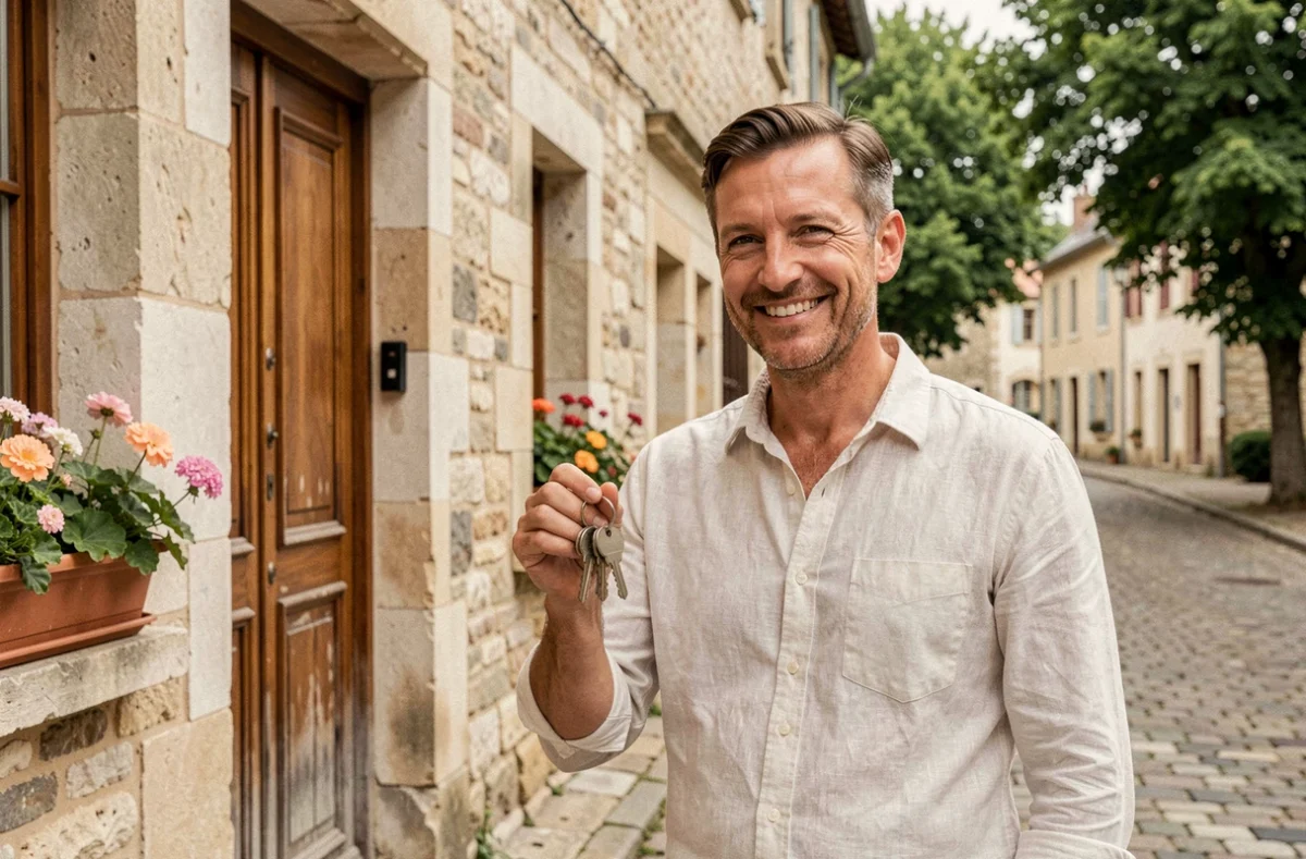 Propriétaire tenant ses clés devant sa maison en pierre achetée en France grâce à un prêt immobilier