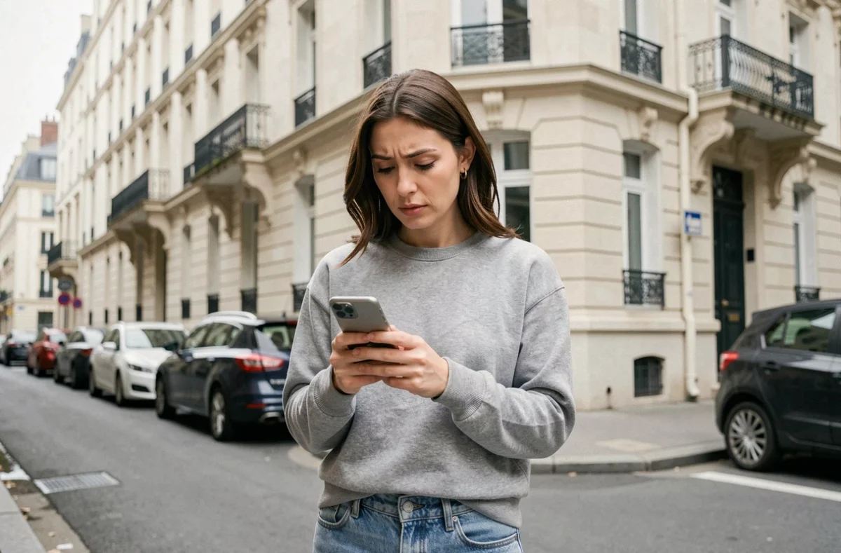 Propriétaire non-occupant comparant les prix d'assurance PNO sur smartphone devant un immeuble résidentiel
