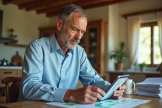 Propriétaire consultant l'interface ERRIAL sur une tablette pour vérifier les servitudes et zones de son terrain
