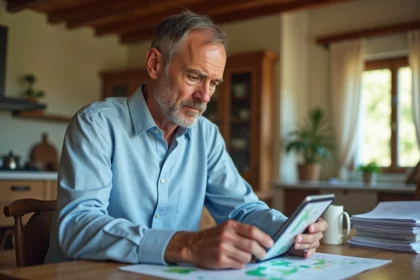 Propriétaire consultant l'interface ERRIAL sur une tablette pour vérifier les servitudes et zones de son terrain