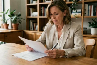 Propriétaire non occupant examinant son contrat d'assurance PNO et ses documents de location dans un appartement moderne