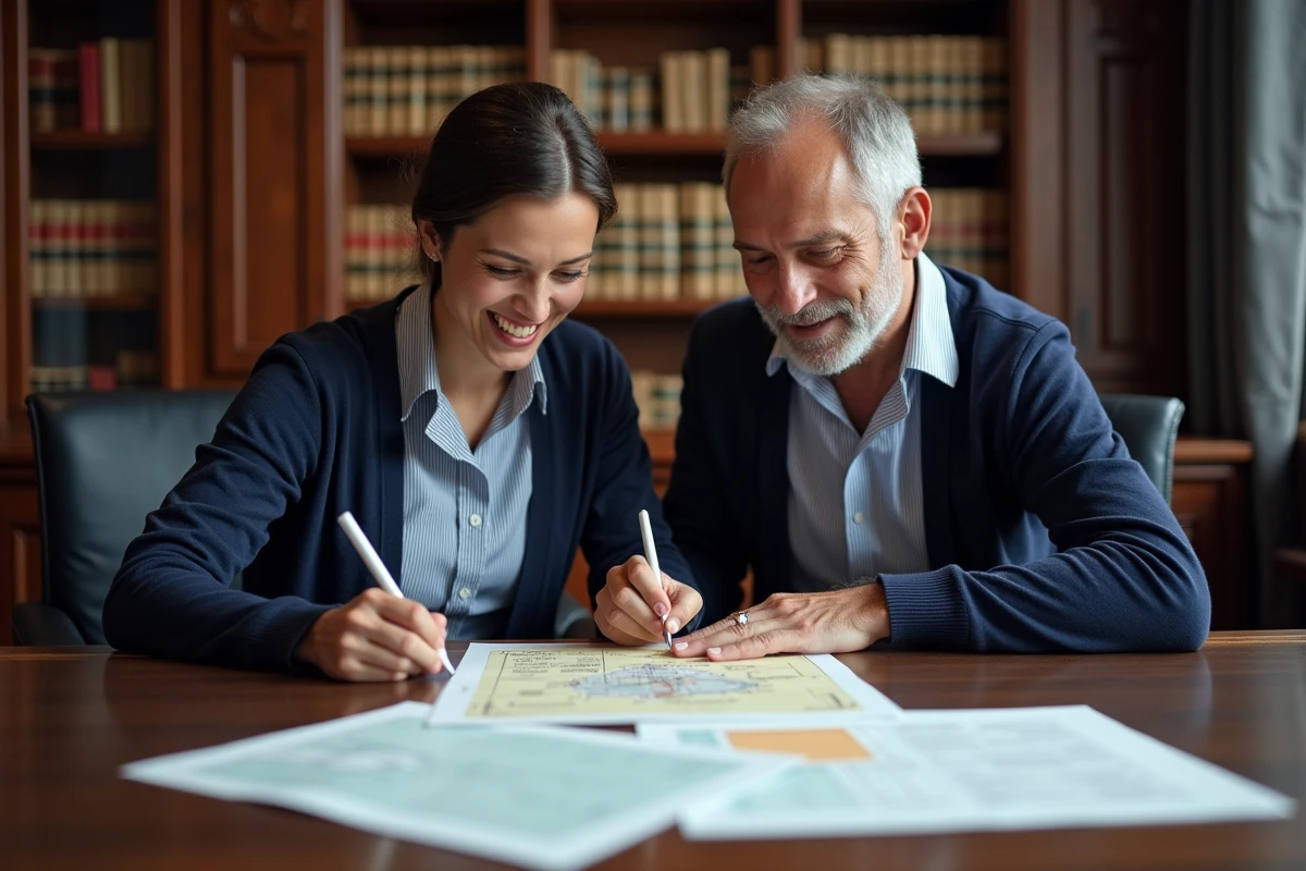 Deux propriétaires en rendez-vous chez un notaire pour analyser les données ERRIAL de leur bien immobilier