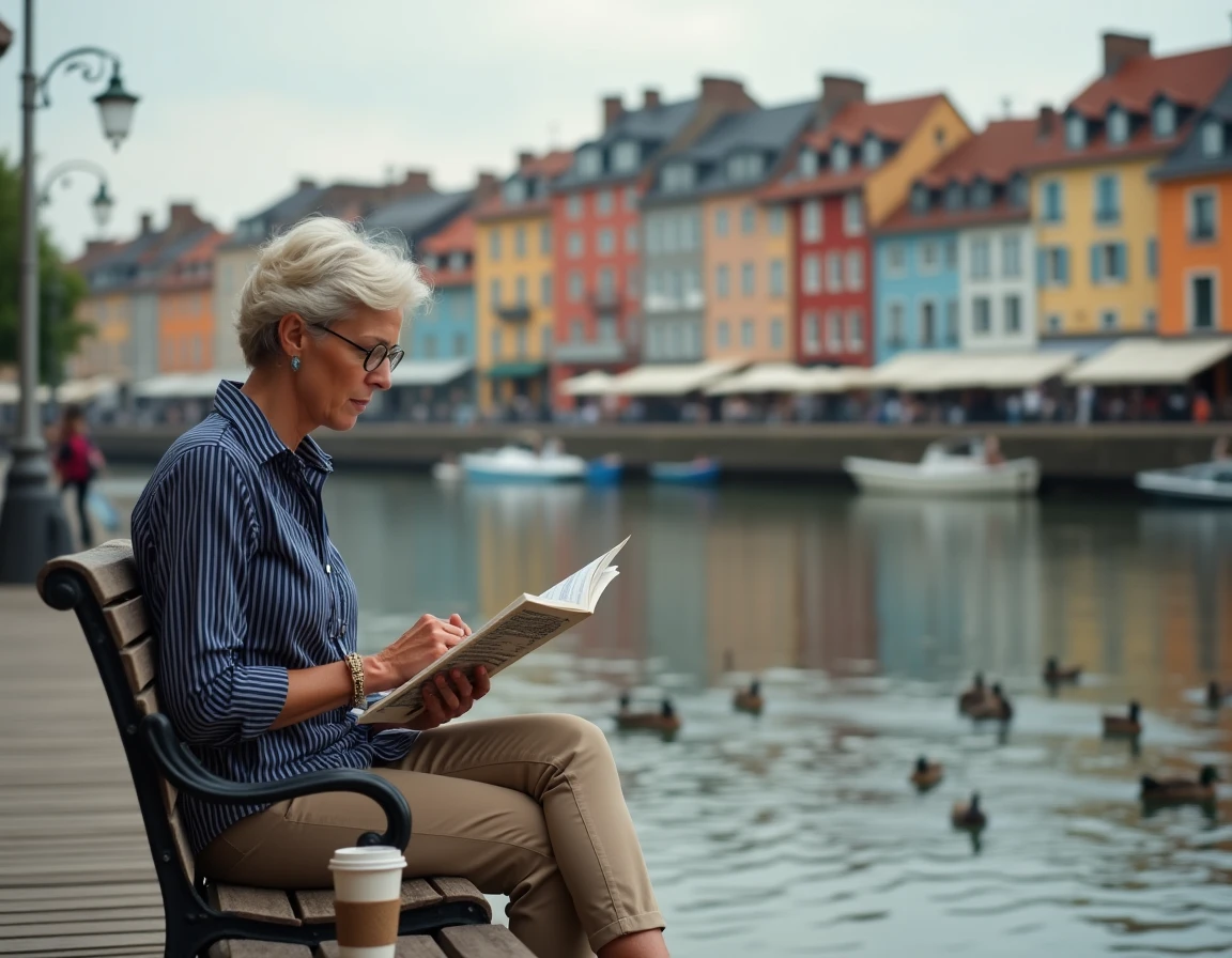 Femme consultant un guide résidentiel assise sur les quais de la Nive à Bayonne, avec les maisons colorées basques en arrière-plan