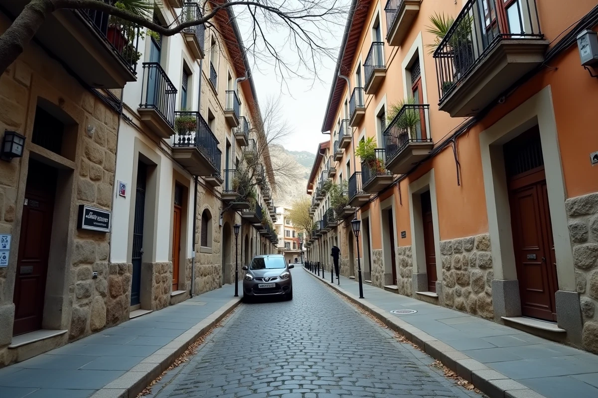 Rue résidentielle calme du quartier d'Escaldes-Engordany en Andorre avec immeubles mixtes et trottoir en pavés