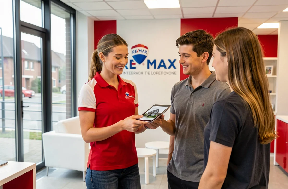 Conseillère RE/MAX Platinium présentant des biens immobiliers sur tablette à des clients dans l'agence de Nevers