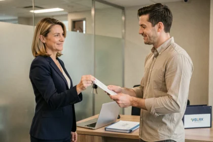 Agent immobilière remettant les clés à un locataire avec signature d'une attestation dans une agence moderne