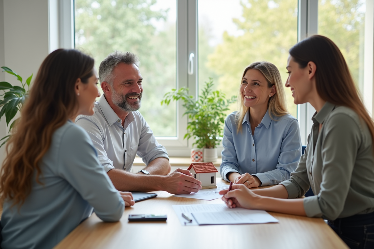 Couple souriant rencontrant un conseiller dans un bureau lumineux