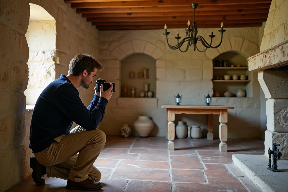Repéreur de lieux cinématographiques photographiant une cheminée ancienne dans une ferme en pierre pour un tournage