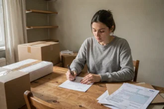 Femme rédigeant une lettre de résiliation d'assurance habitation entourée de cartons de déménagement