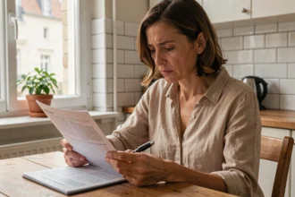 Femme lisant un contrat d'assurance habitation à résilier sans état des lieux dans une cuisine d'appartement