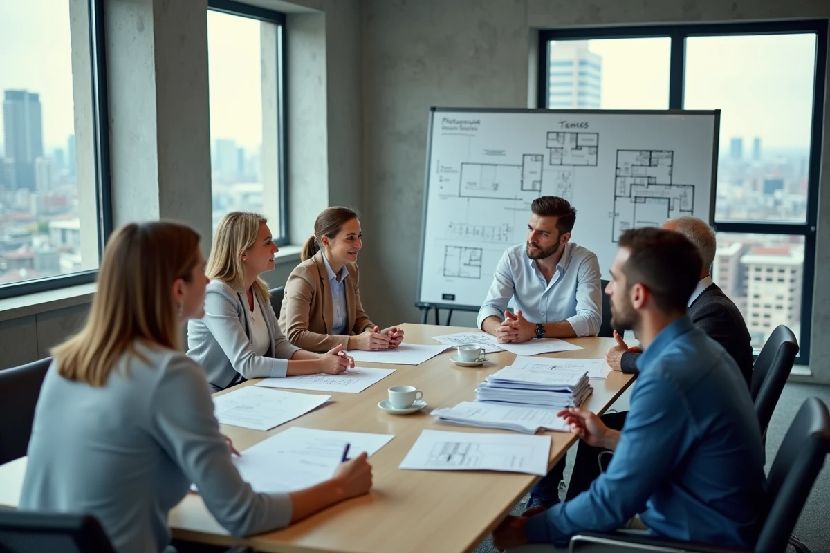Réunion professionnelle d'une association du bâtiment avec membres discutant de réglementations de construction résidentielle