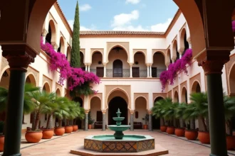 Cour intérieure d'un riad traditionnel marocain à Marrakech avec fontaine en zellige, orangers en pot et arcades en bois de cèdre sculpté