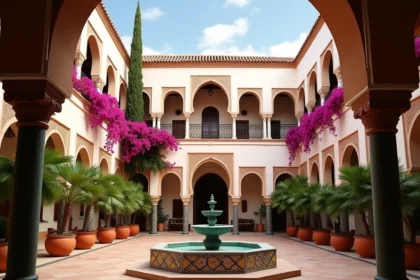 Cour intérieure d'un riad traditionnel marocain à Marrakech avec fontaine en zellige, orangers en pot et arcades en bois de cèdre sculpté