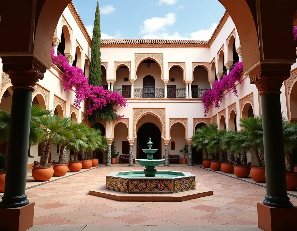 Cour intérieure d'un riad traditionnel marocain à Marrakech avec fontaine en zellige, orangers en pot et arcades en bois de cèdre sculpté