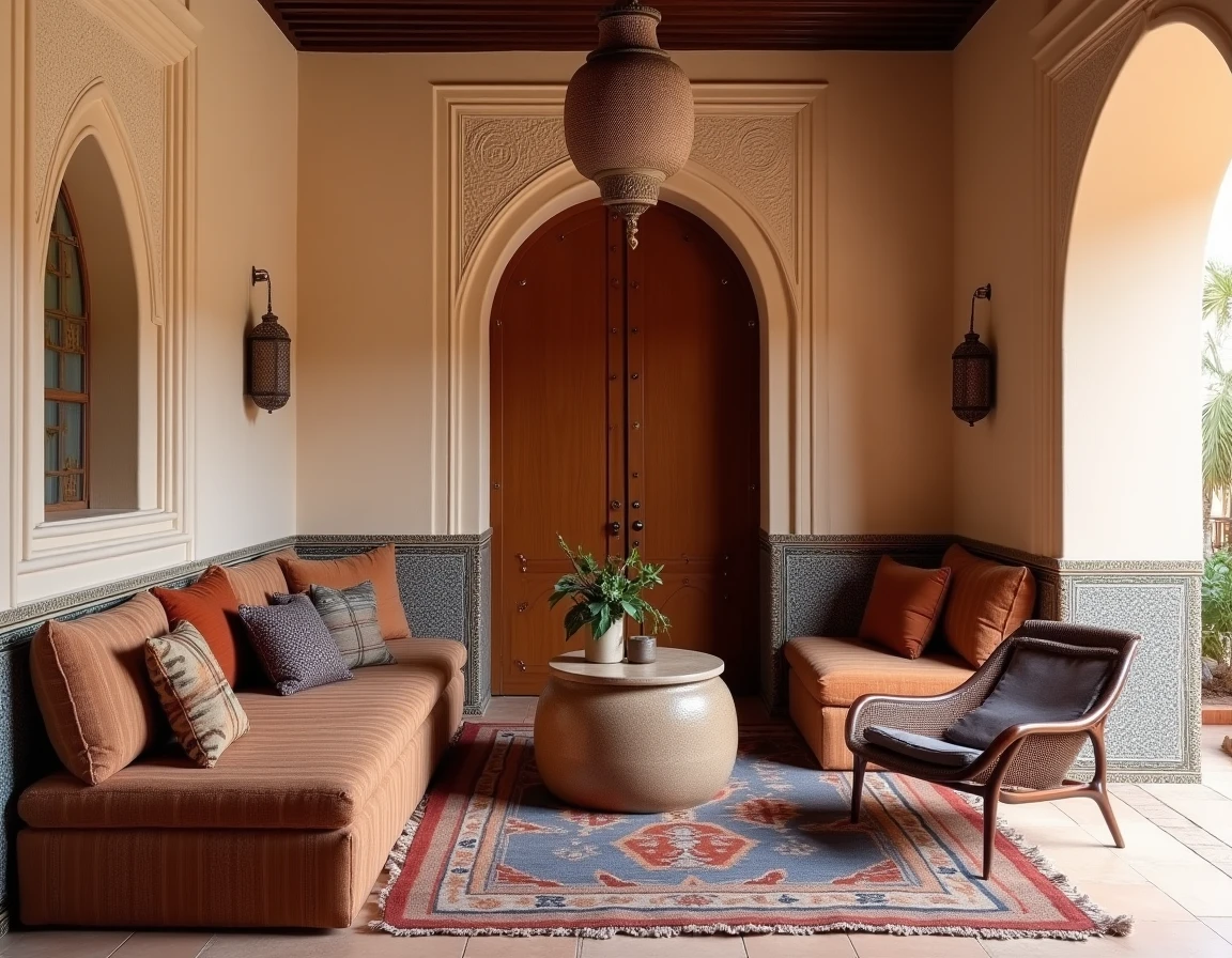Salon intérieur d'un riad rénové à Marrakech avec banquettes en kilim, murs en stuc sculpté et porte en cèdre cloutée de laiton
