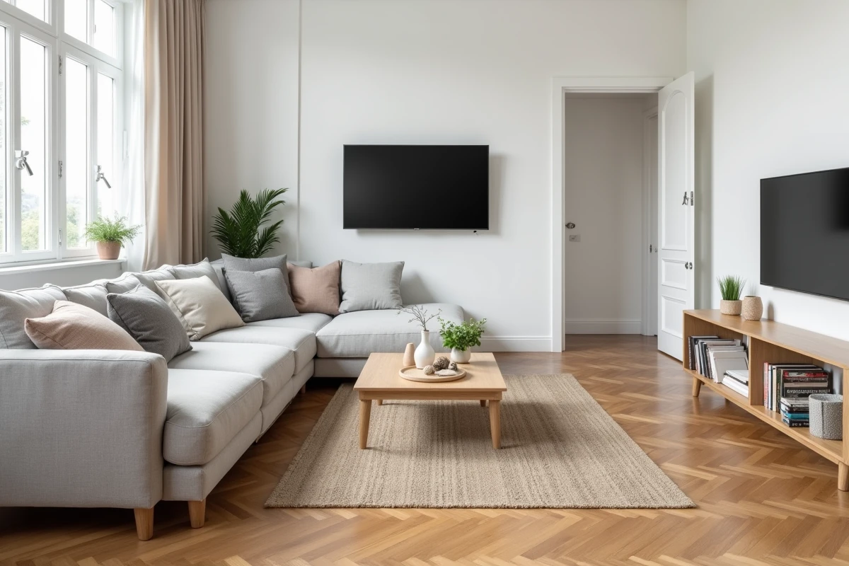 Séjour meublé dans un appartement locatif avec canapé, table basse et télévision conformes à la liste réglementaire