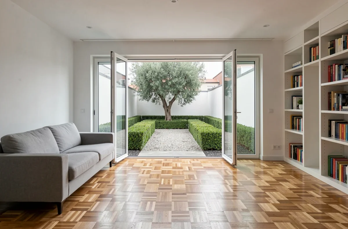 Séjour d'un appartement T3 en rez-de-jardin avec vue directe sur jardin privatif clos