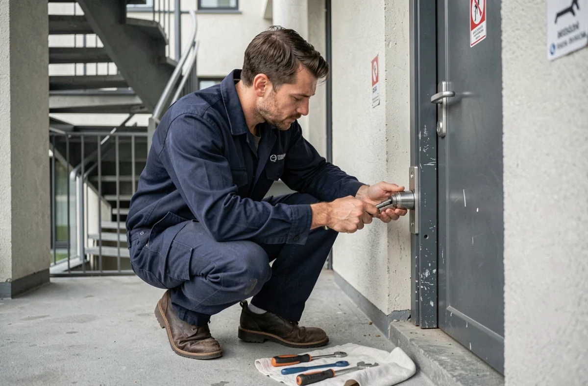 Serrurier professionnel examinant une serrure changée sur une porte d'appartement, intervention suite à un changement de serrure illégal