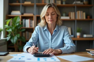 Femme consultant une simulation de prêt immobilier CASDEN avec calculatrice et documents sur un bureau en bois