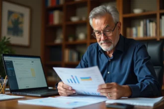 Homme retraité analysant une simulation viager sur tableur Excel avec des documents immobiliers sur son bureau