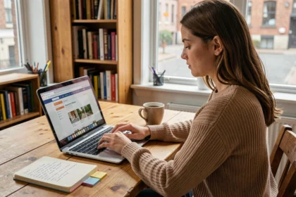 Jeune femme consultant des annonces de location sur son ordinateur portable dans un appartement cosy, avec un cahier de notes à côté