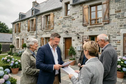 Un syndic de copropriété discutant avec des résidents devant un immeuble en pierre bretonne